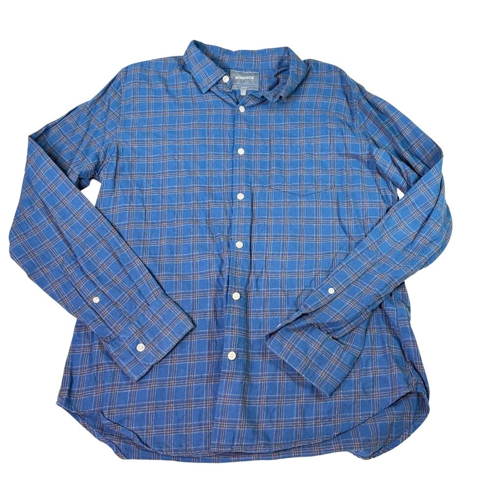 Bonobos mens slimfit blue plaid flannel shirt. Size L. casual outdoors cabincore